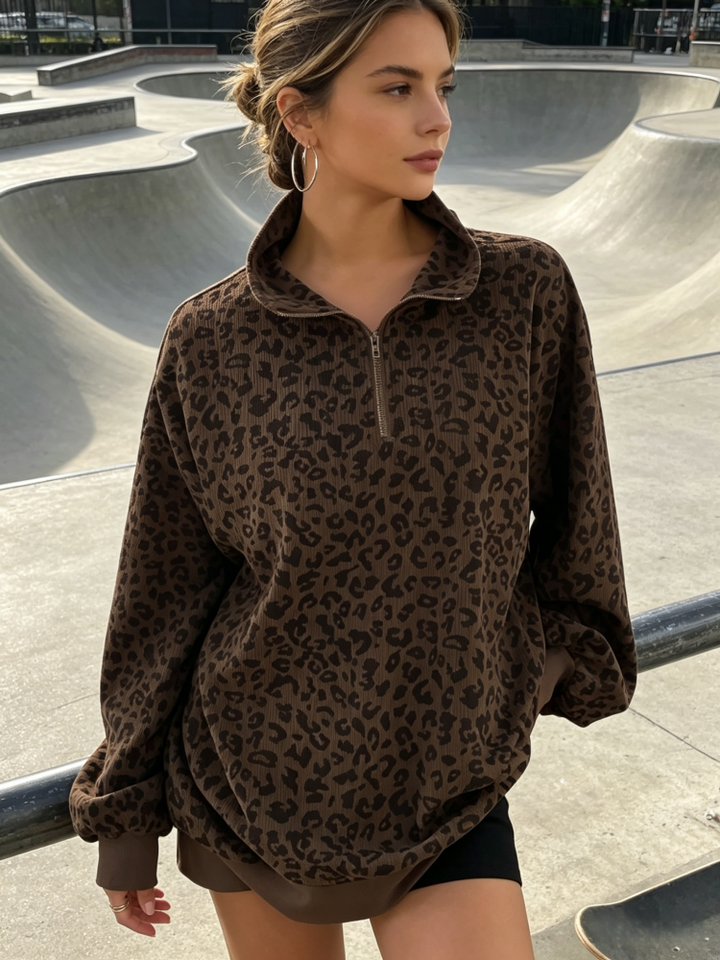 Leopard Print Corduroy Half-Zip Pullover