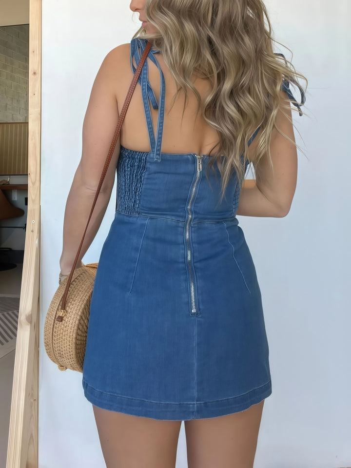 Spaghetti Strap Square Neck Split Mini Denim Dress
