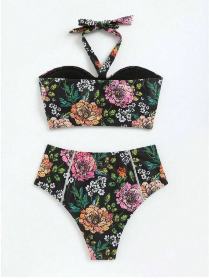 Vibrant Floral Halter Keyhole High Waisted Bikini Set