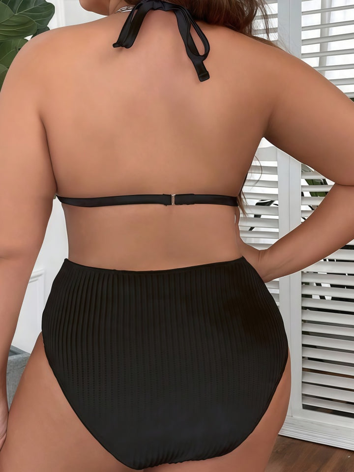 Plus Size Pearl Strap Ribbed Deep V Bikini Set