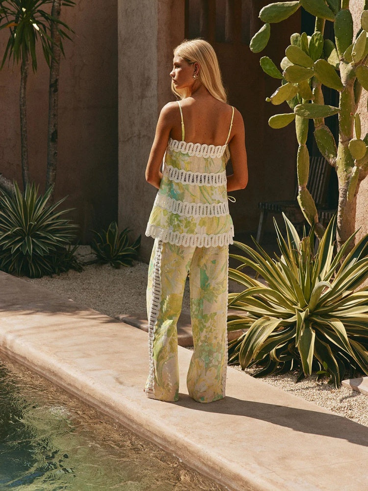 Floral Print Linen Blend Two-Piece Set - Lace Trim Cami Top &amp; Wide Leg Pants Co-ord