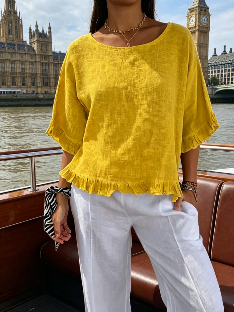 Crew Neck Ruffle Trim Short Sleeve Casual Cotton Blouse