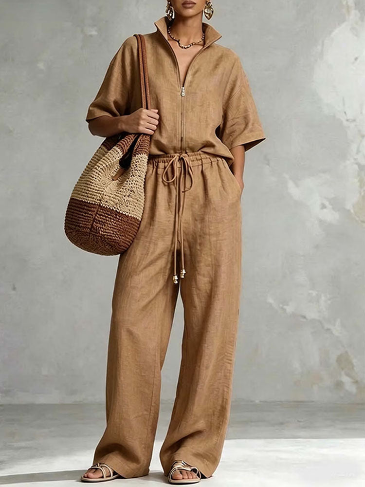 Half-zip stand-up collar top and wide-leg pants suit