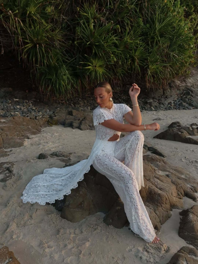 White Lace High Neck Short Sleeve Cutout Maxi Dress