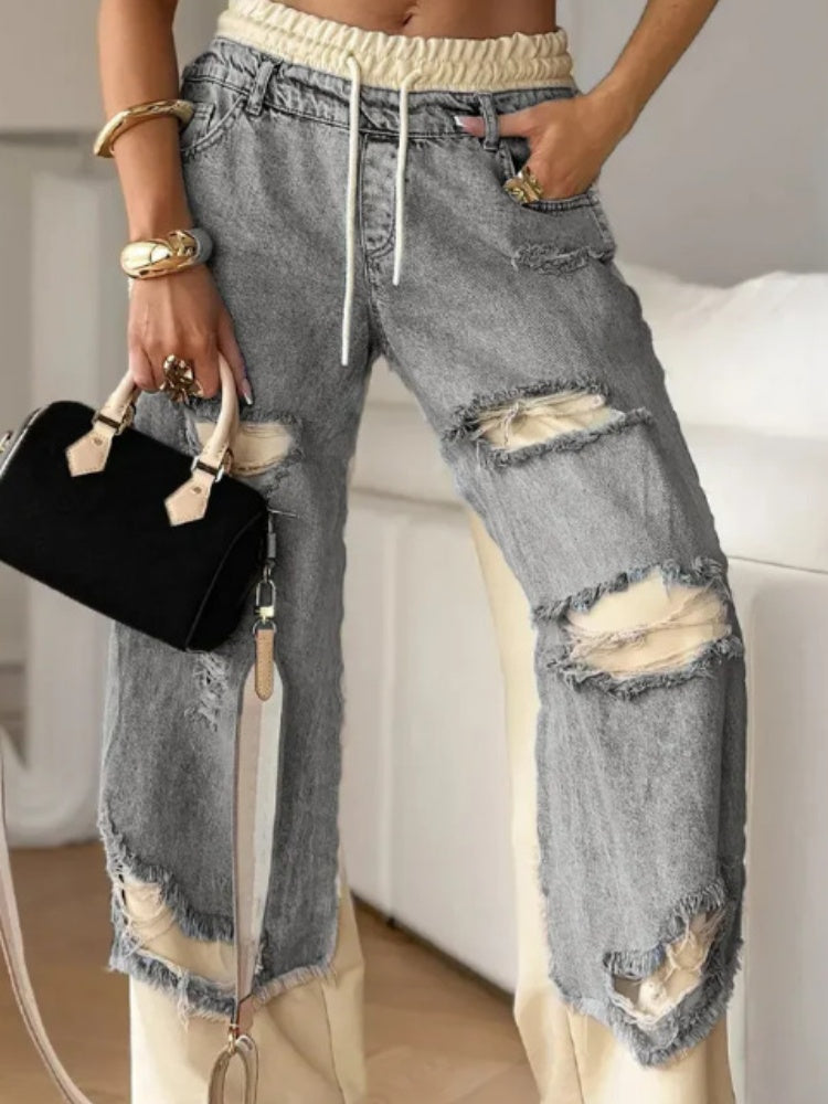 Ripped Contrast Panel Wide Leg Jeans