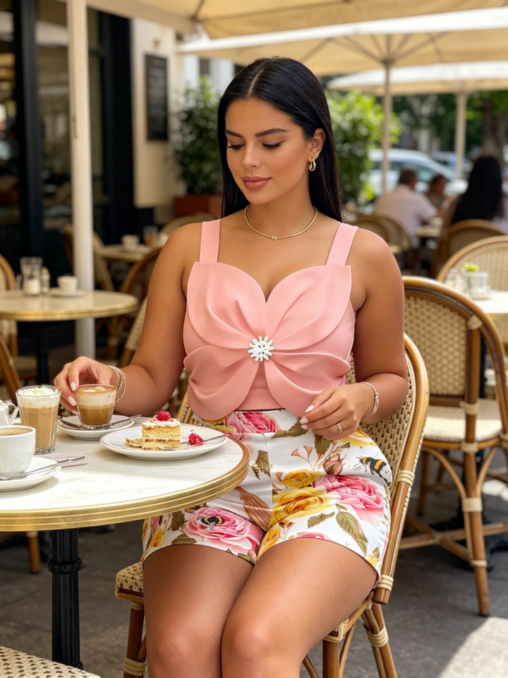Floral Print Two-Piece Set - Bow Front Tank Top &amp; High-Waisted Shorts Co-ord