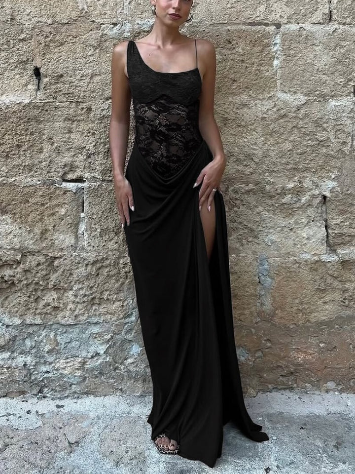 Spaghetti Strap Lace Bodice Draped Maxi Dress