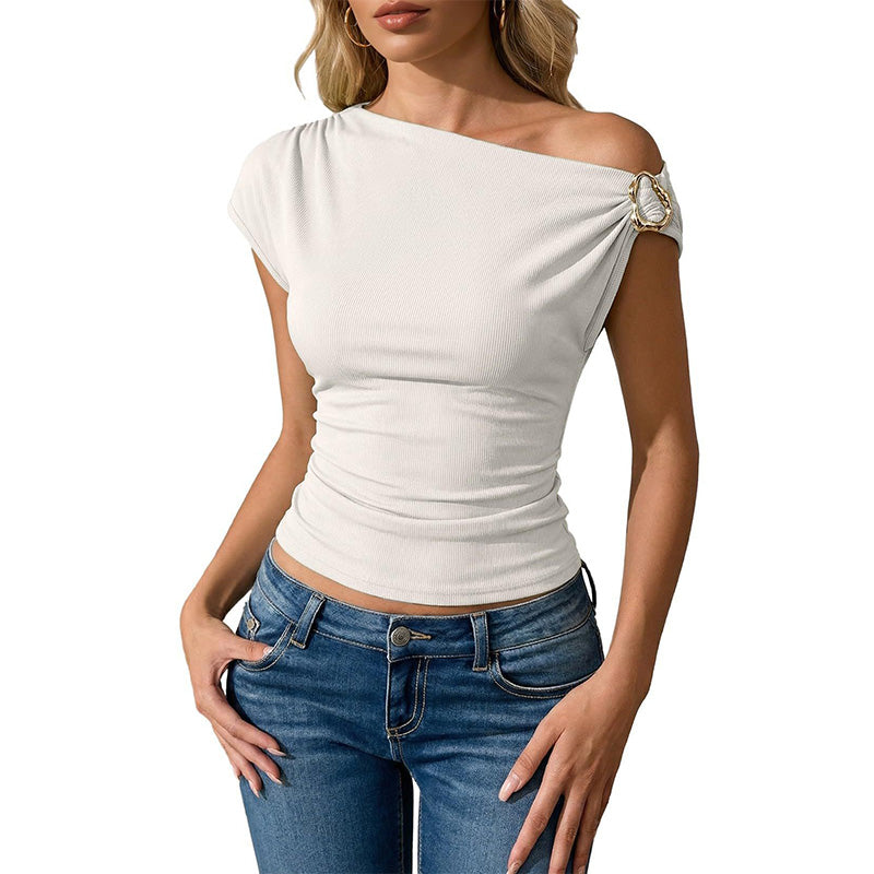 Slim-fit asymmetrical off-shoulder metal buckle T-shirt