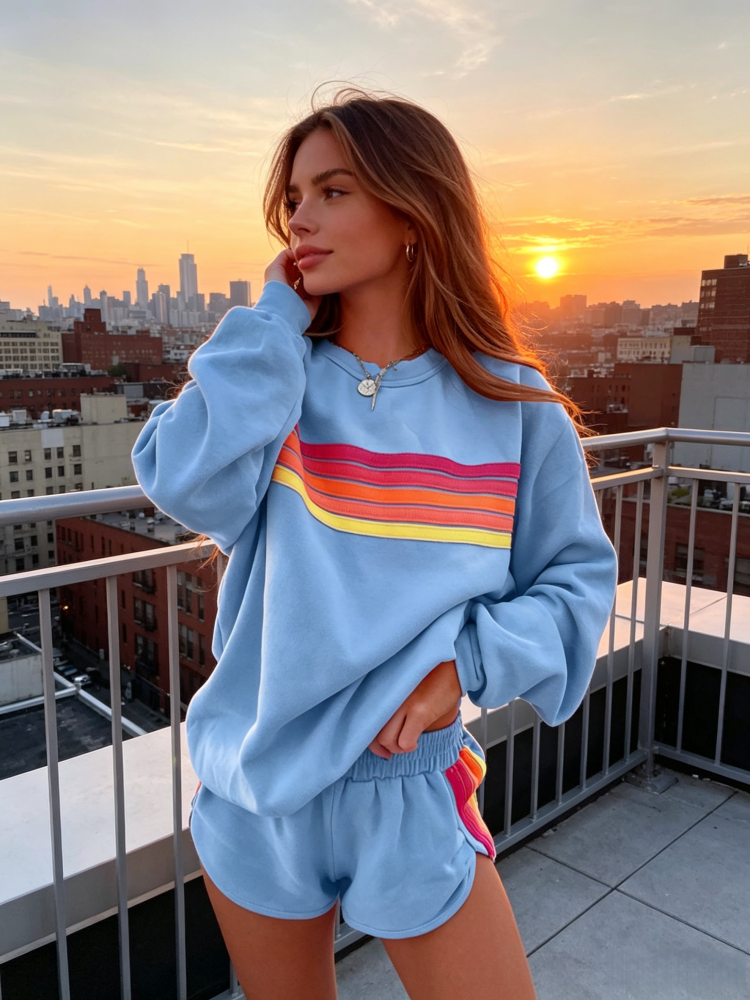 Rainbow Stripe Oversized Sweatshirt &amp; Shorts Loungewear Set