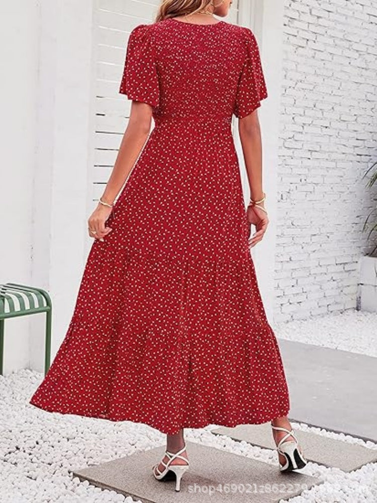 Floral Print Flutter Sleeve Tiered Maxi Dress