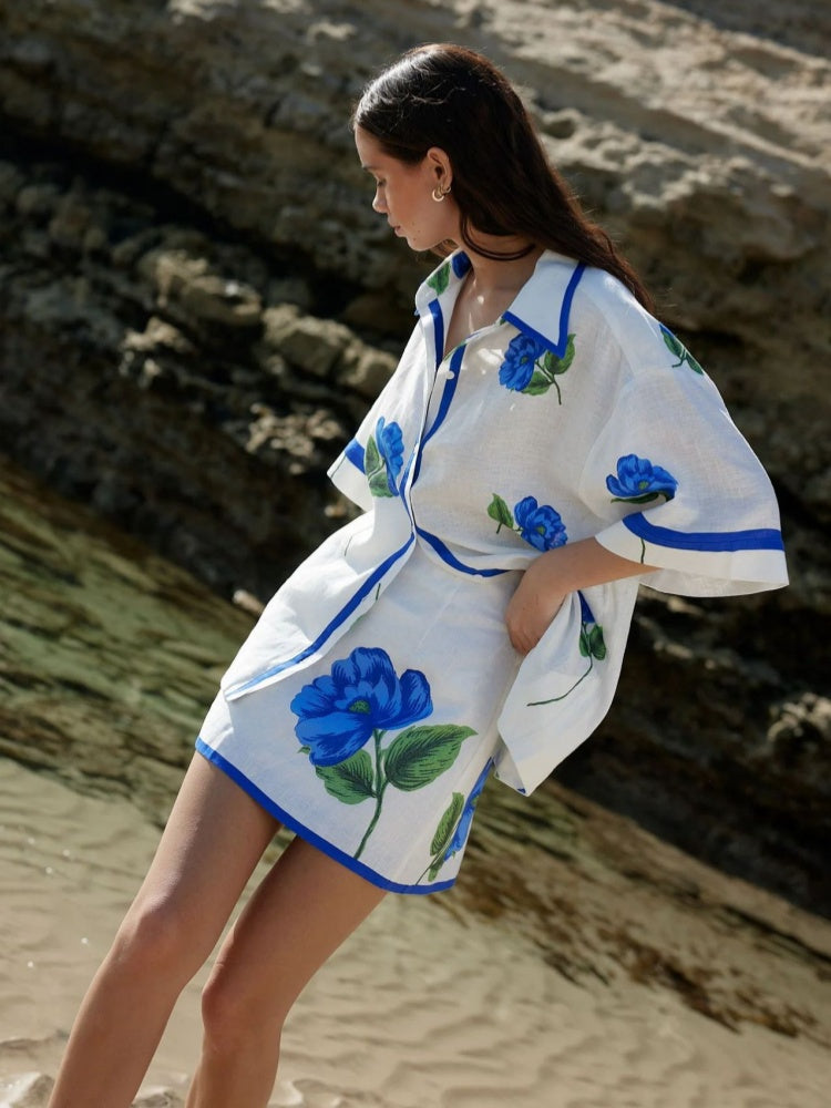 Blue Floral Print Linen Blend Two-Piece Set - Oversized Shirt &amp; Mini Skirt Co-ord