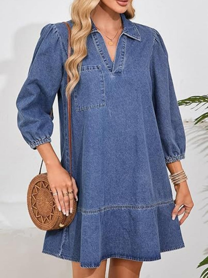 Collared V Neck Puff Sleeve Tiered Denim Midi Dress