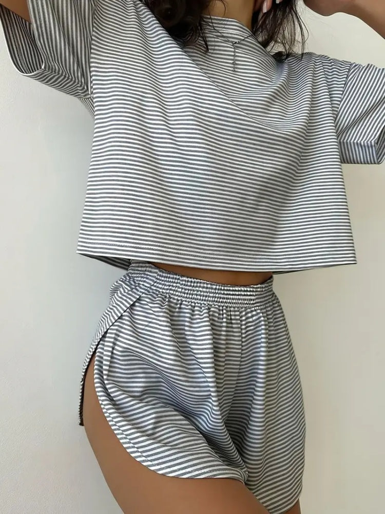 Striped Crop Top &amp; Curved Hem Shorts Set