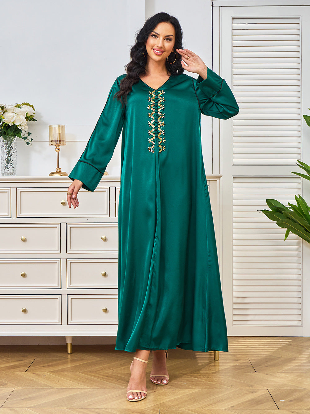 Emerald Green Satin Abaya Maxi Dress with Gold Embroidery