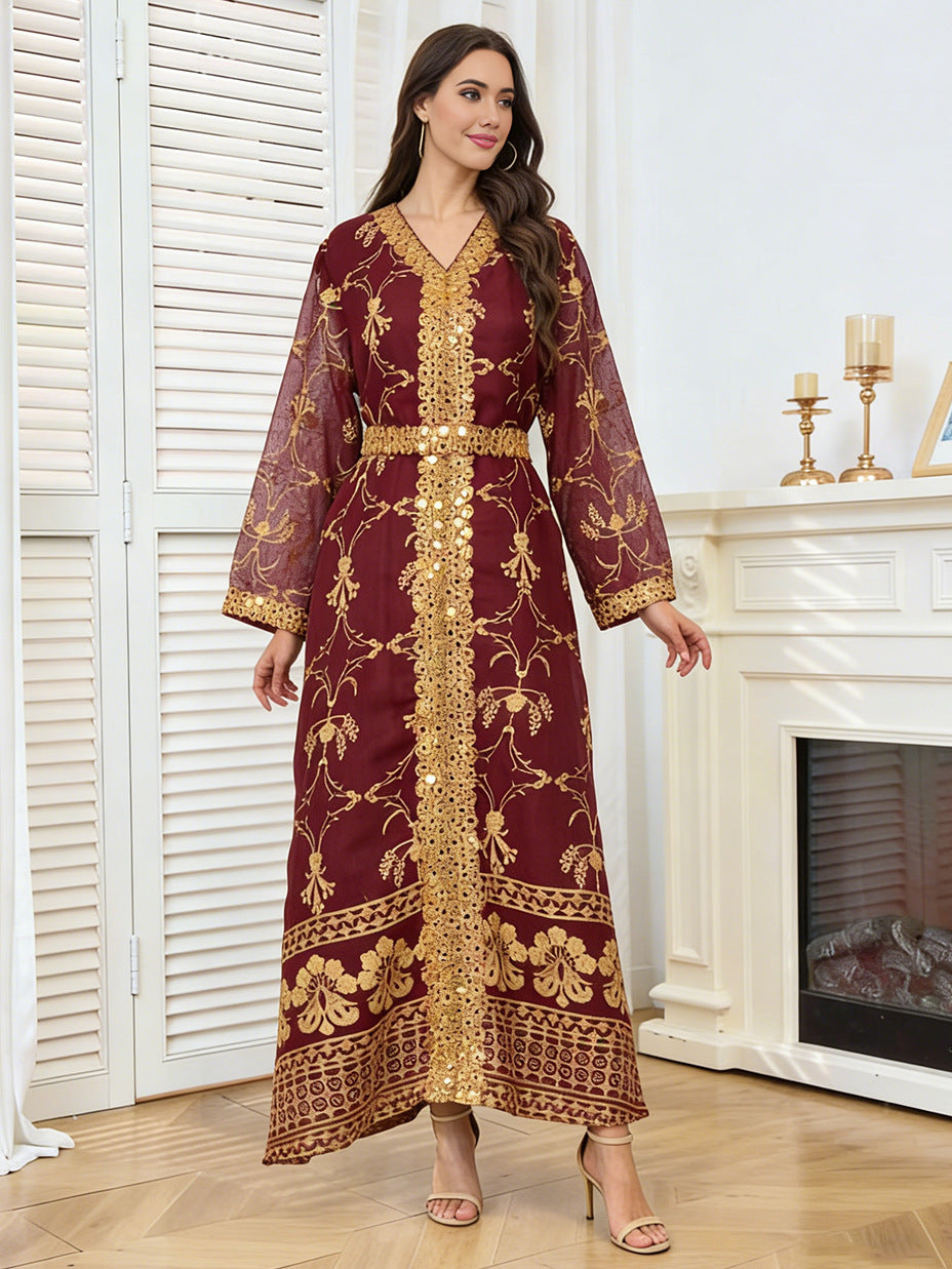 Gold Embroidered &amp; Sequin Formal Abaya Maxi Dress