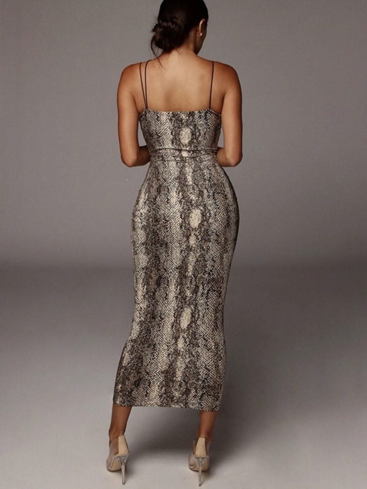 Leopard Print Bodycon Midi Dress - V-Neck Spaghetti Strap Backless Party Dress