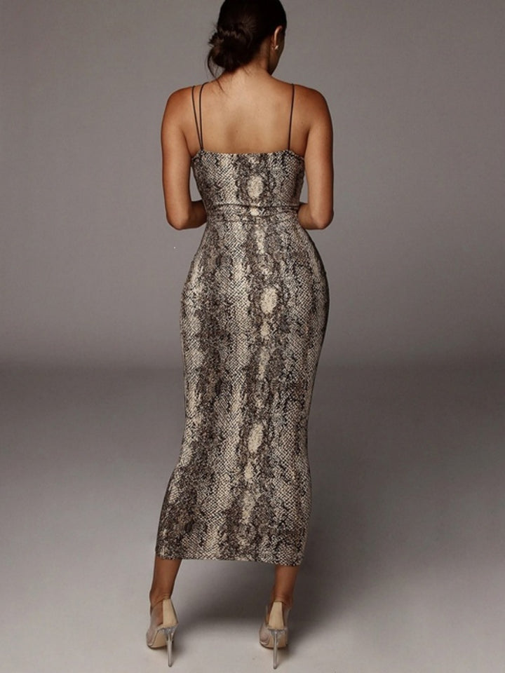 Leopard Print Bodycon Midi Dress - V-Neck Spaghetti Strap Backless Party Dress
