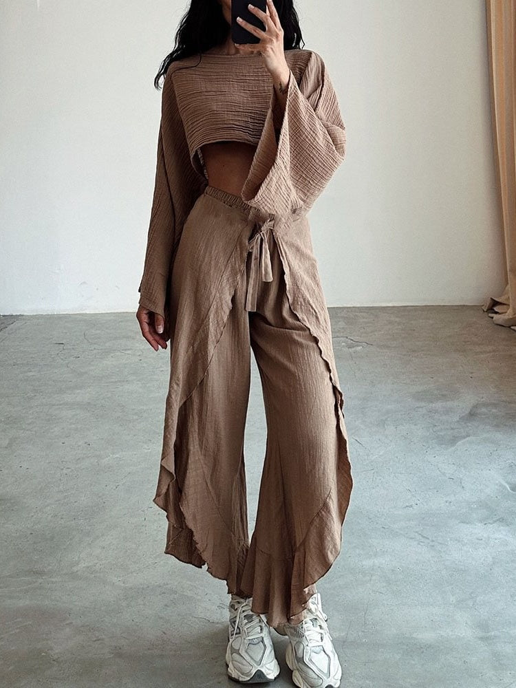 Crinkled Texture Long Sleeve Crop Top &amp; Wide Leg Pants Set