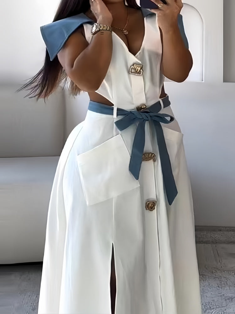 White Blue Contrast V-Neck Cutout Shirt Dress