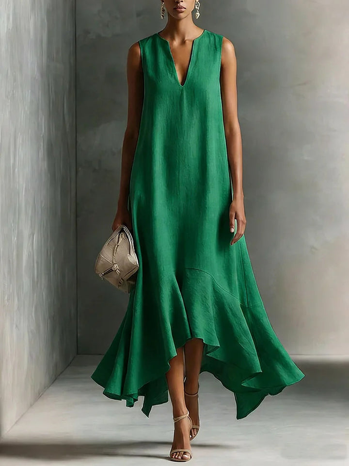 Deep V-neck sleeveless dress with an asymmetrical hem, elegant and slimming