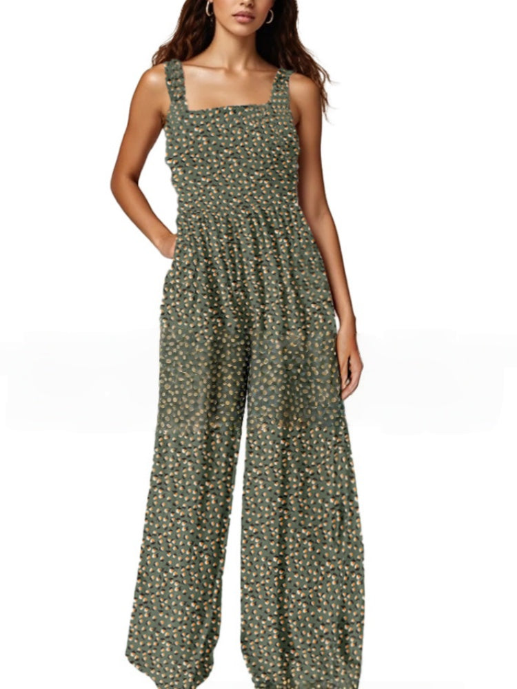 Smocked Square Neck Wide Leg Floral Jumpsuit