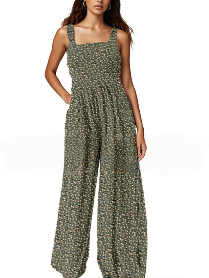 Smocked Square Neck Wide Leg Floral Jumpsuit