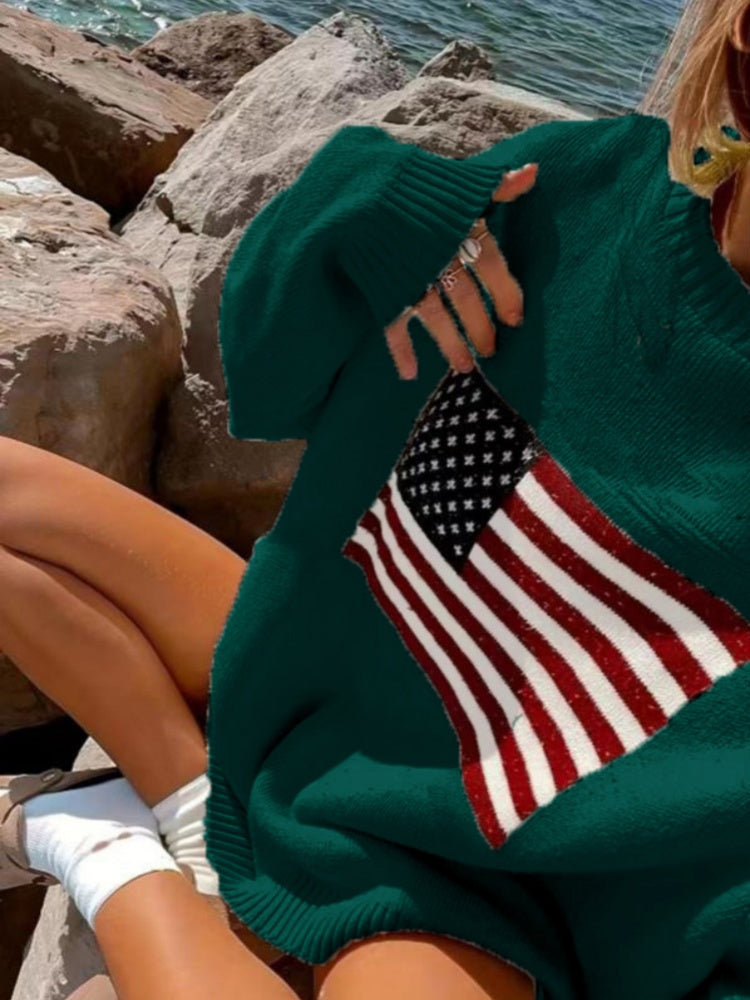 American Flag Oversized Knit Sweater - Soft Arctic Fleece Pullover