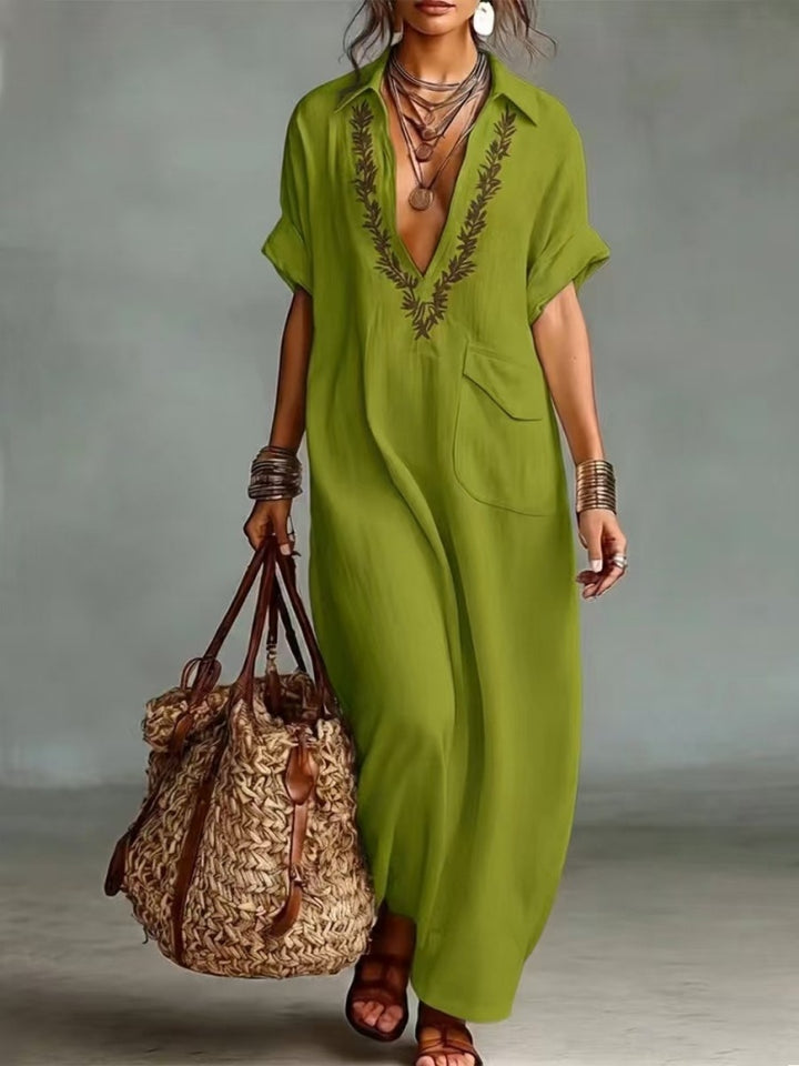 Loose-fitting embroidered collar cotton linen pocket dress