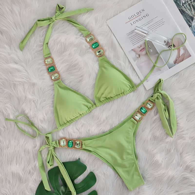 Crystal Embellished Halter Triangle Bikini Set