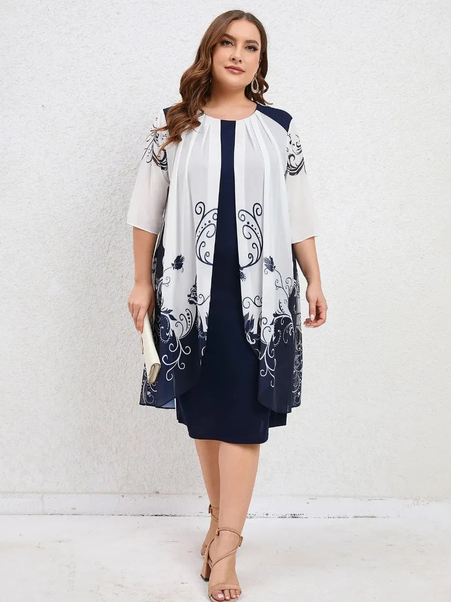 Printed round neck loose slimming casual plus size dress