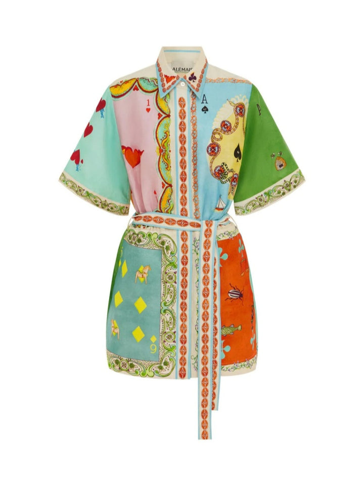 Vintage Marine Print Cotton Linen Shirt Dress - Tie Waist Nautical Mini Dress