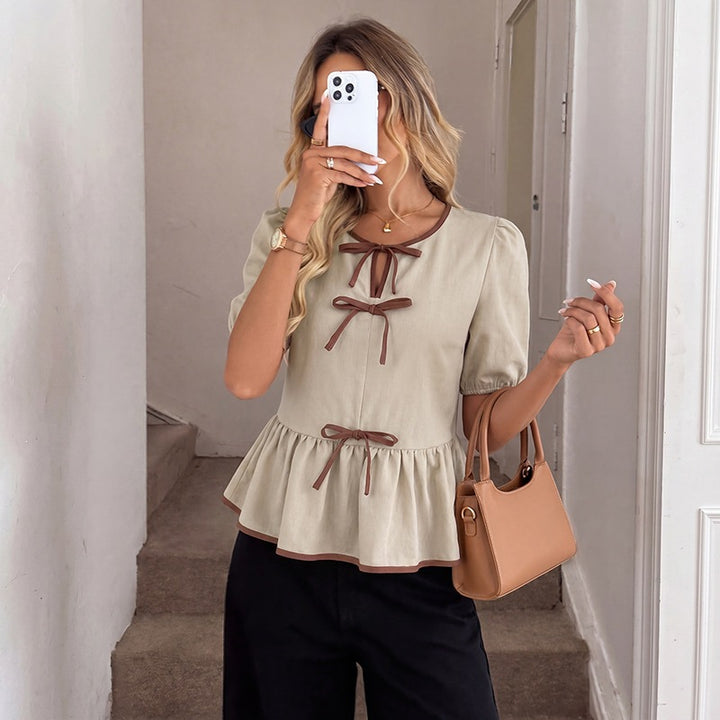 Bow tie pullover top, color-blocked short-sleeved shirt, women&