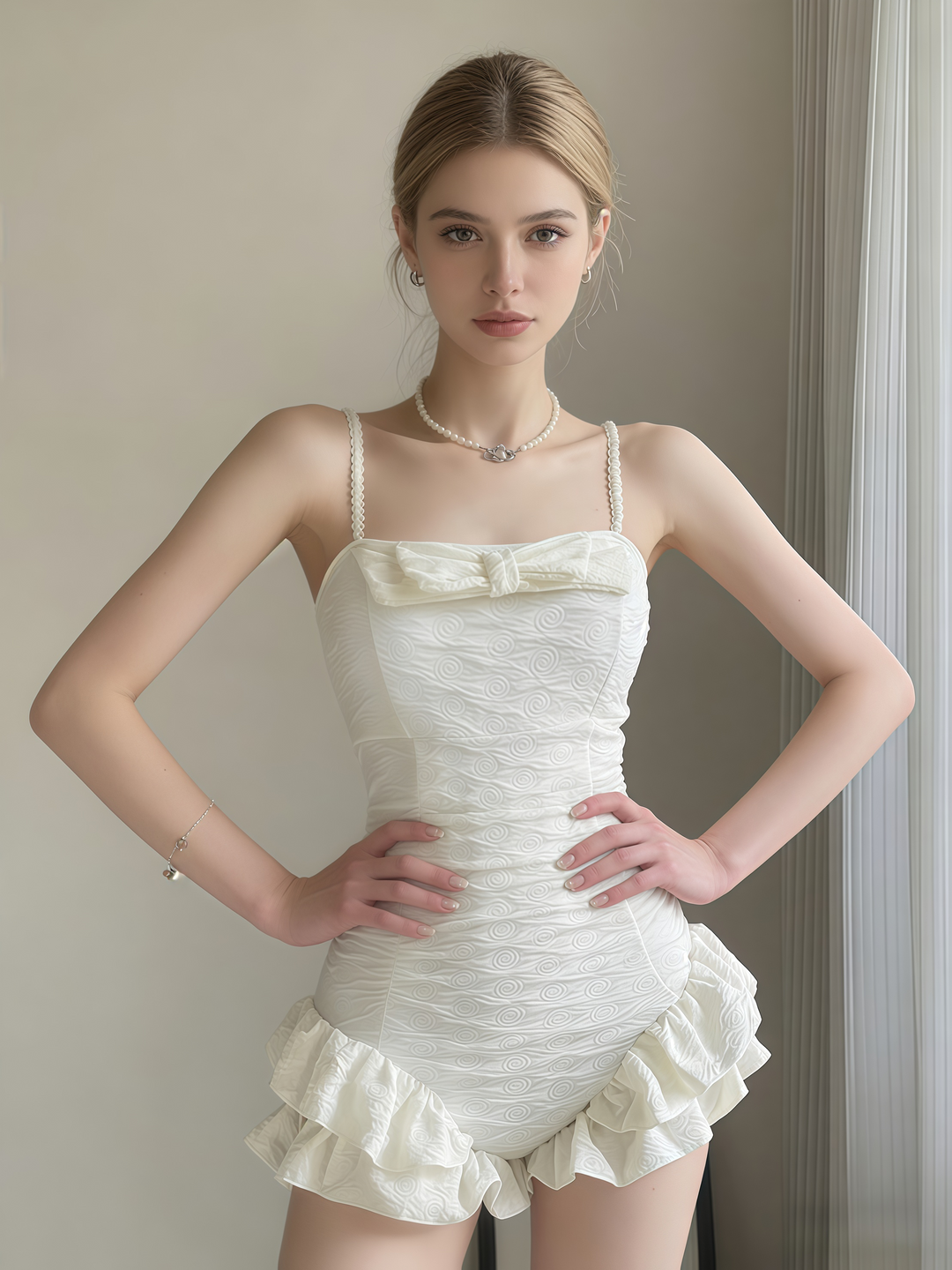 Pearl Strap Ruffle One-Piece Swimsuit