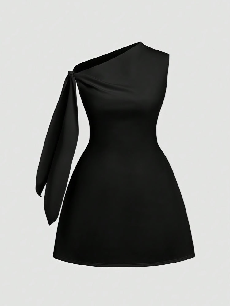 Elegant Solid Color One Shoulder Sleeveless Tie Waist Slim Fit Dress