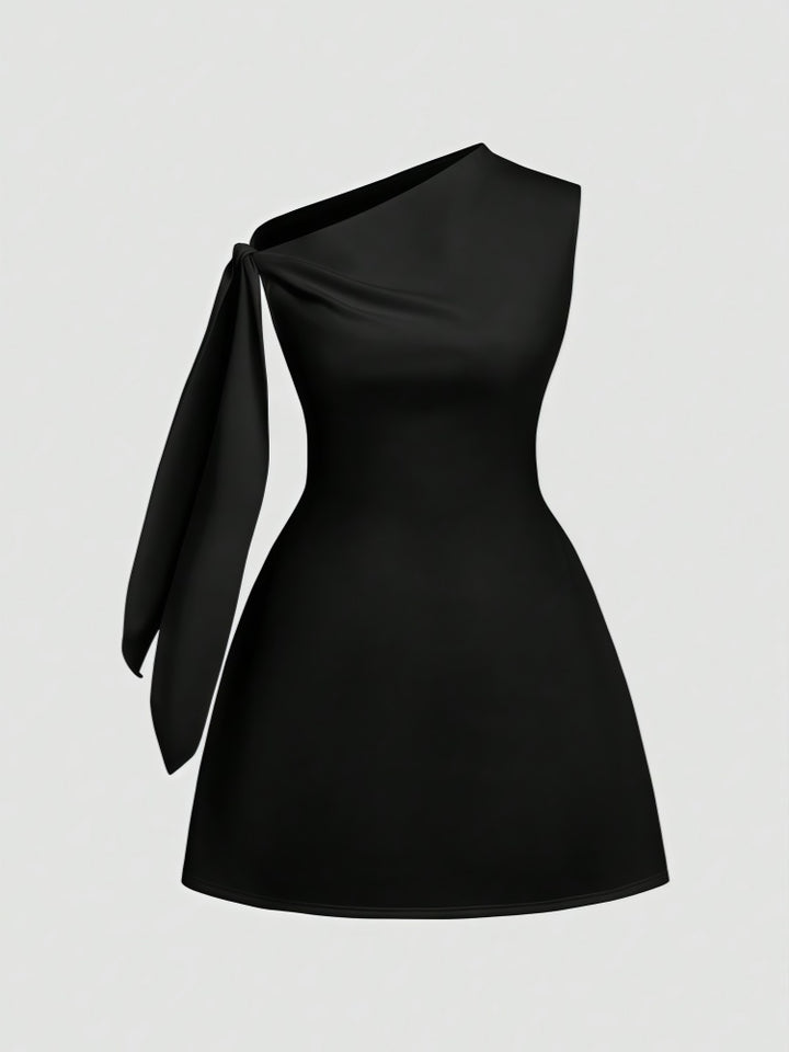 Elegant Solid Color One Shoulder Sleeveless Tie Waist Slim Fit Dress