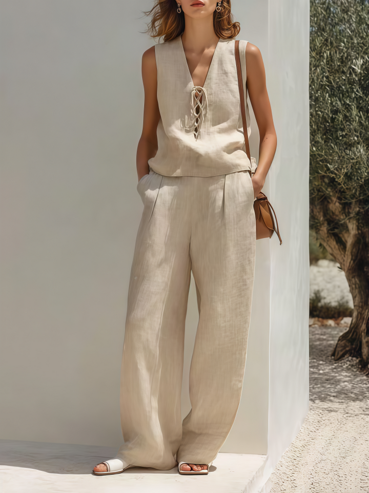 Minimalist tie-waistless top and wide-leg pants suit