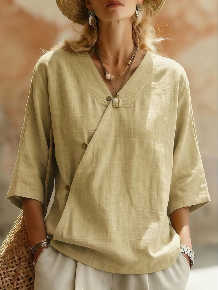 Asymmetric Button Linen Blend Blouse