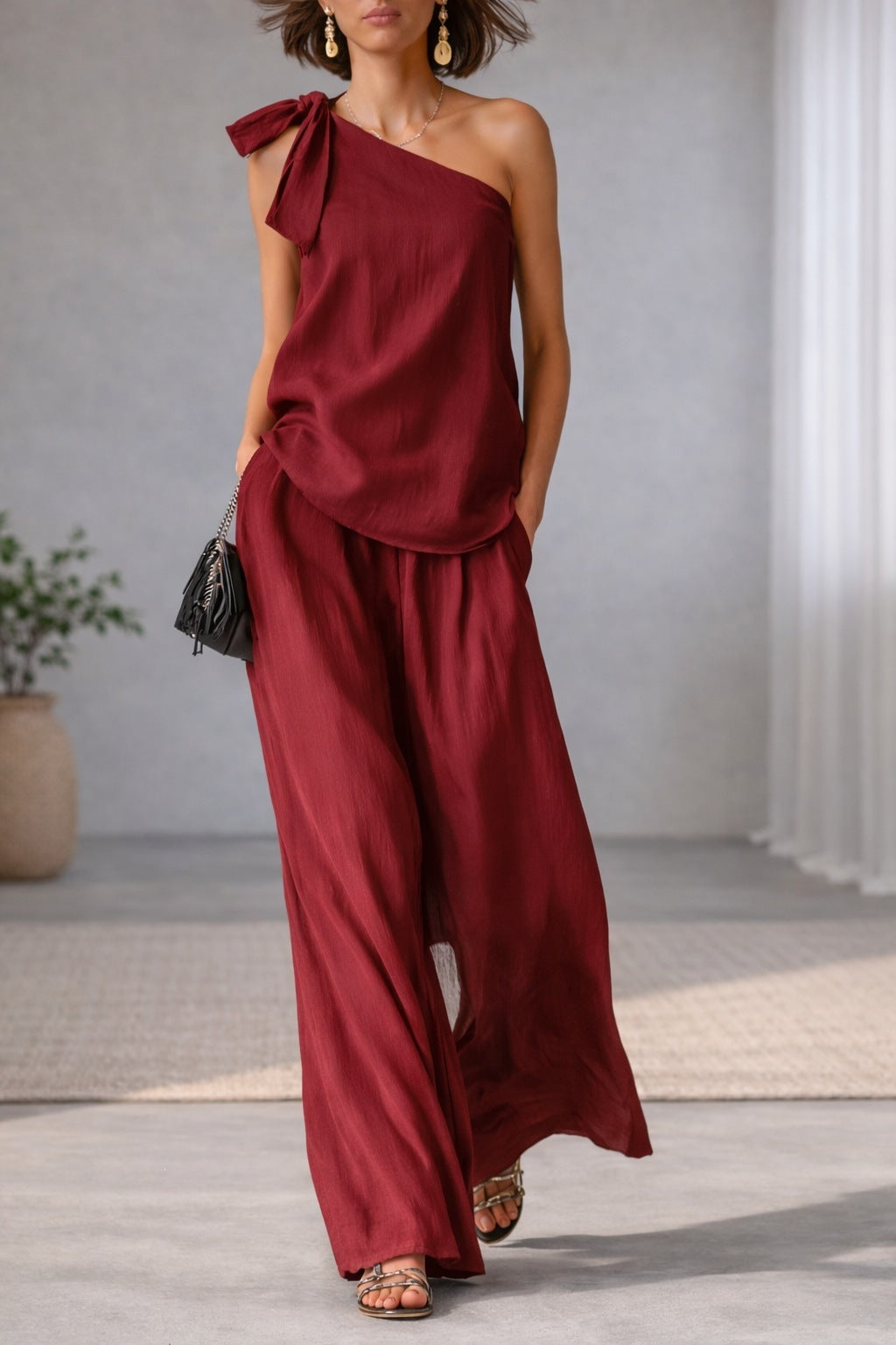 Sleeveless one-shoulder top with tie and wide-leg women&