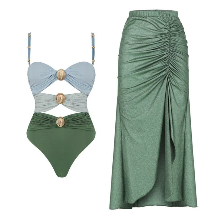 Beaded Strap Cutout Twist Front Swimsuit &amp; Wrap Skirt Set
