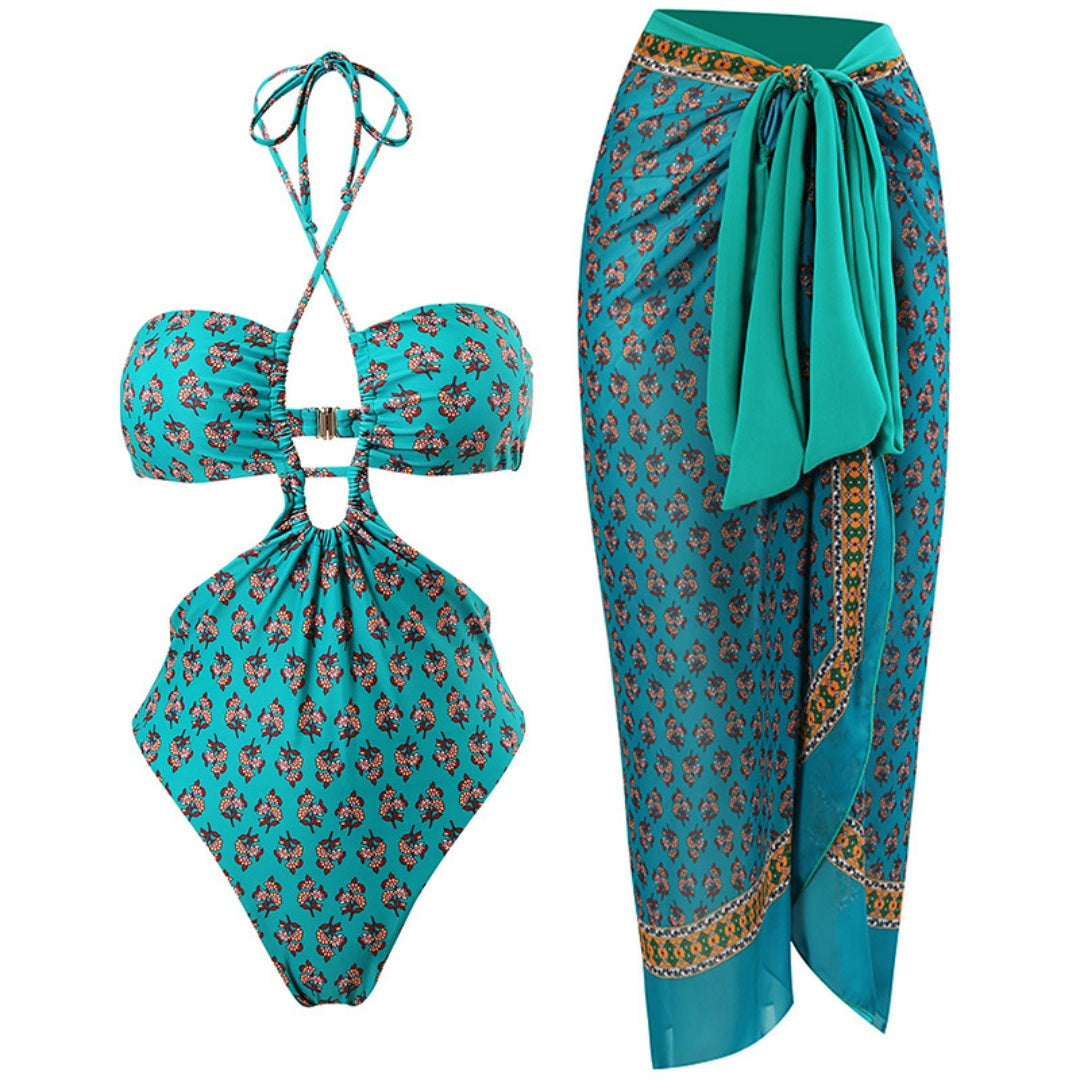 Printed Halter Cutout One Piece Swimsuit &amp; Wrap Skirt Set