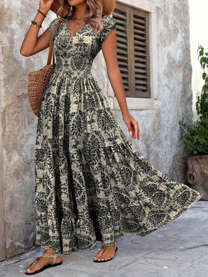 V-neck printed fitted waist maxi dress