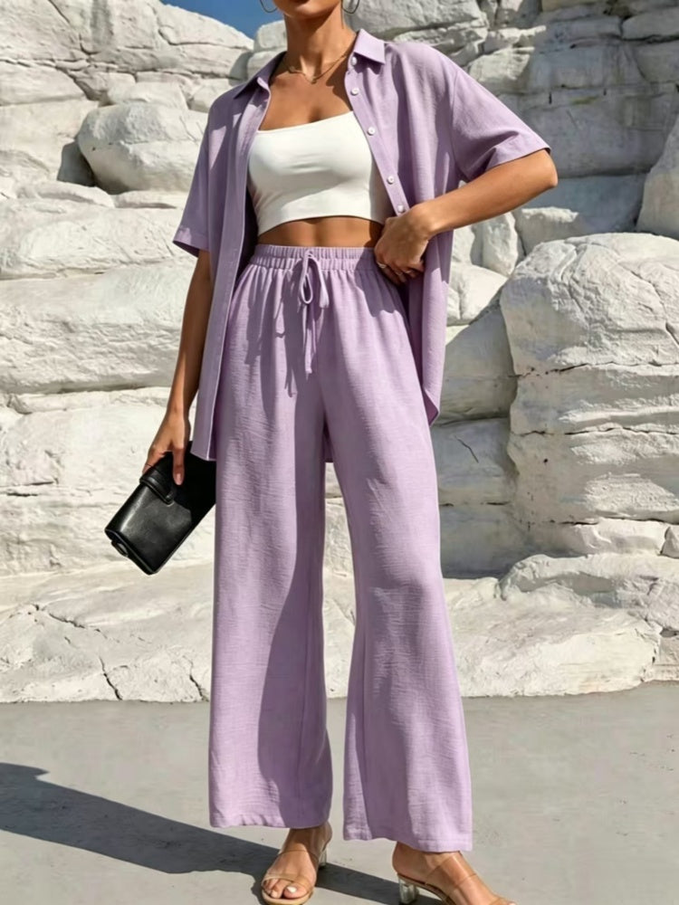 Stylish and casual solid color shirt and trousers two-piece women&