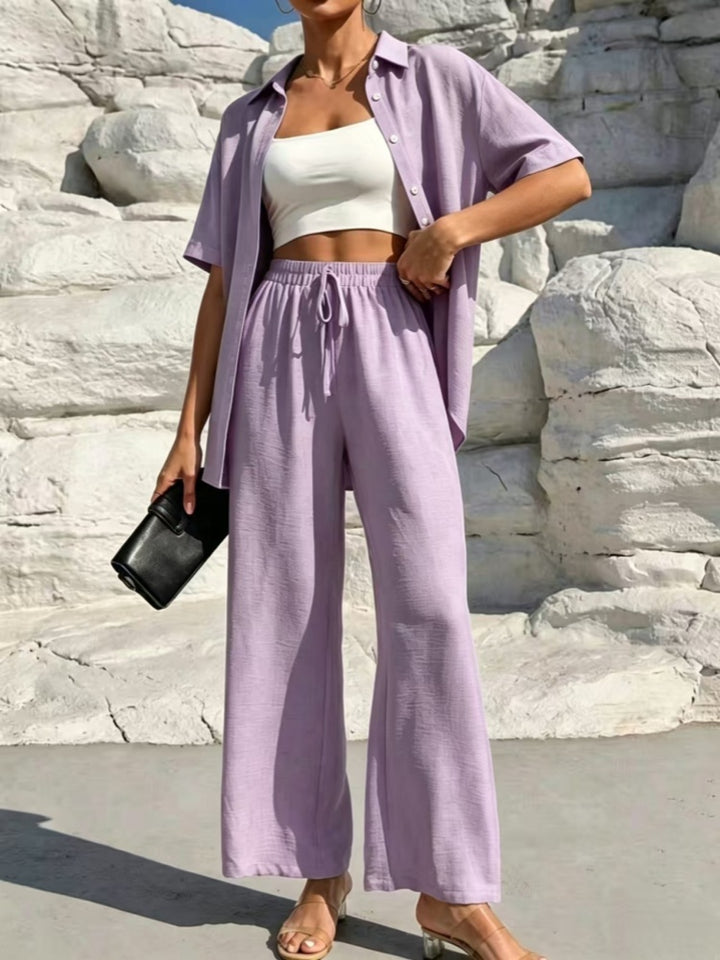 Stylish and casual solid color shirt and trousers two-piece women&