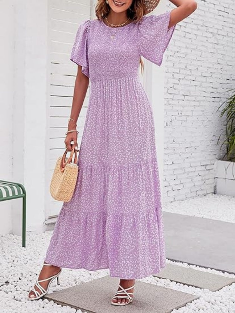 Floral Print Flutter Sleeve Tiered Maxi Dress