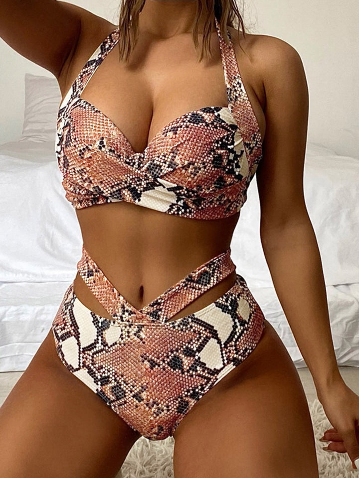 Printed Twist Front Halter Bikini Set