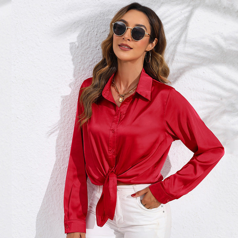Satin Button-Down Shirt with Front Tie