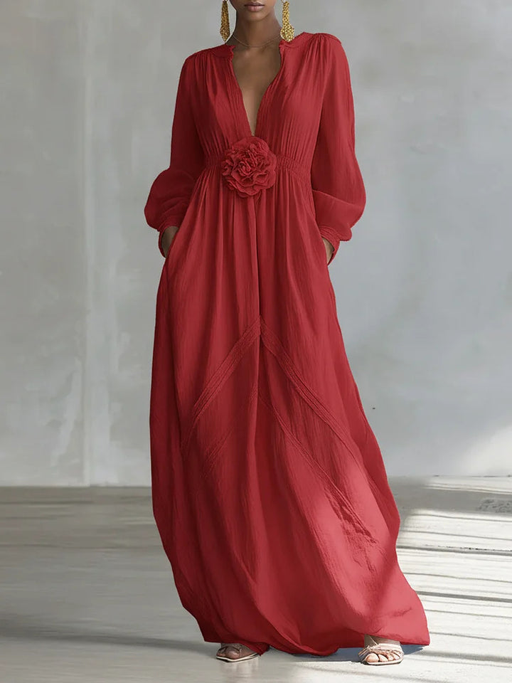 Elegant 3D Floral Cotton Linen Maxi Dress with Resort Style