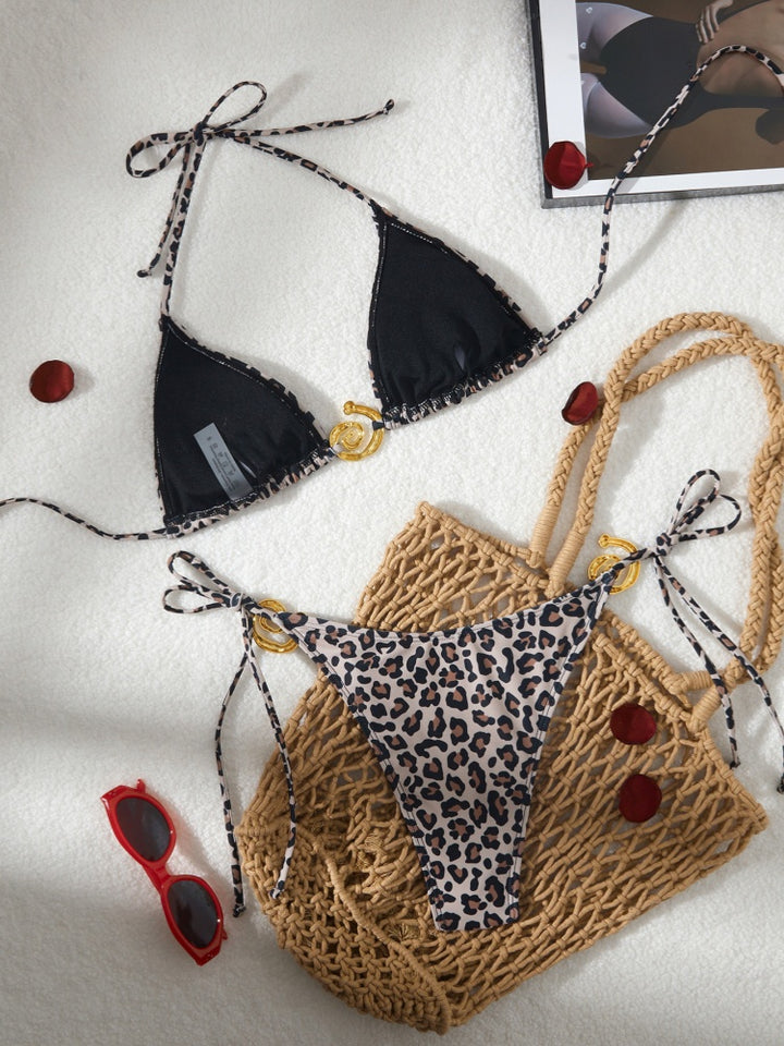 Multi Floral Leopard Print Gold Hardware Halter Bikini Set