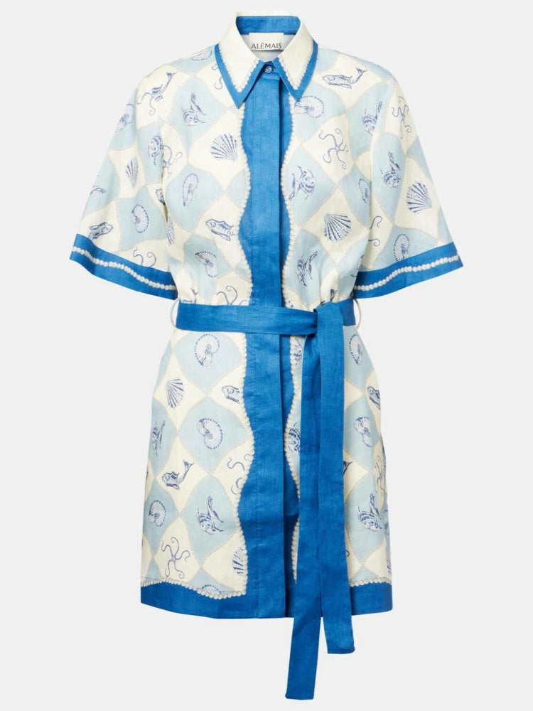 Vintage Marine Print Cotton Linen Shirt Dress - Tie Waist Nautical Mini Dress