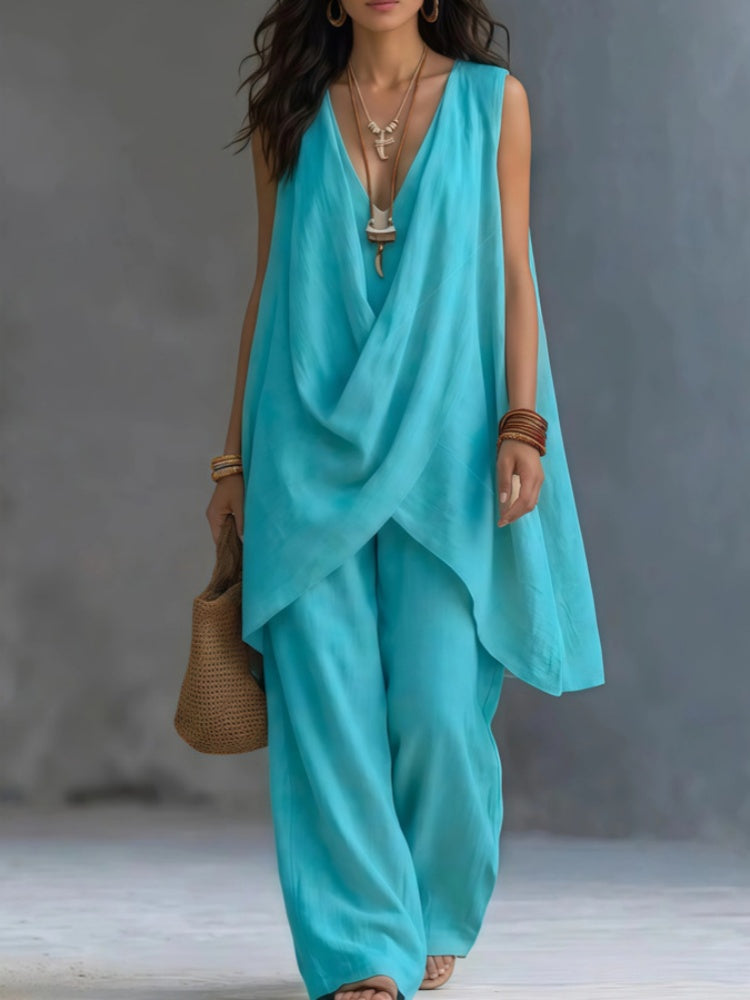 Sleeveless Stand Collar Cotton Linen Resort Two Piece Set